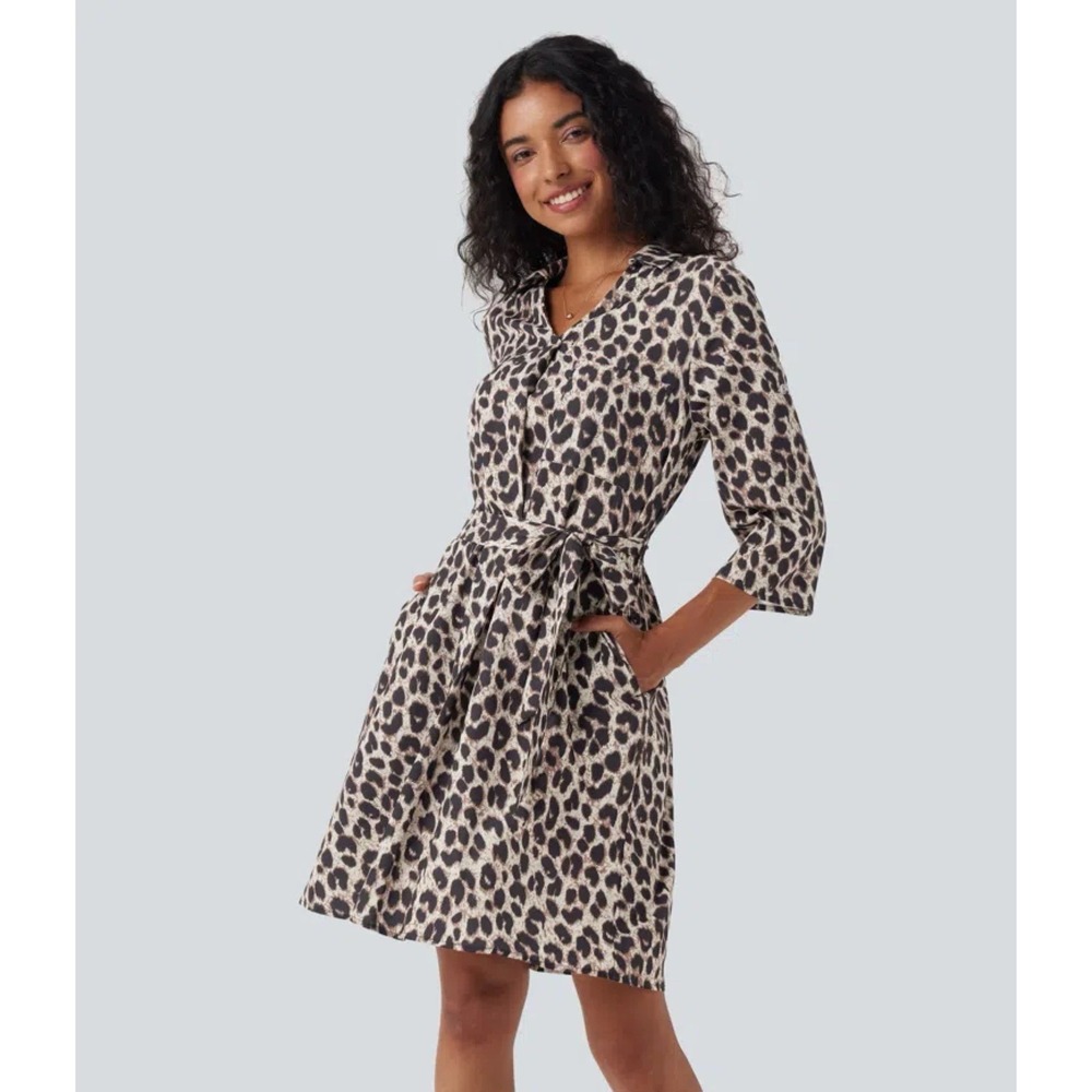 Halara Roll Up Sleeve Belted Leopard Print Casual Shirt Dress Large Pockets